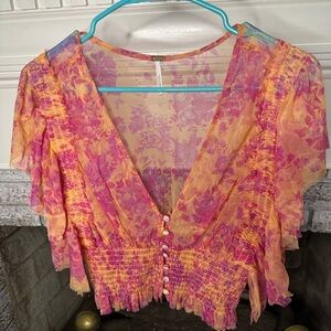 Free People floral ruched blouse with ruffle sleeves and button bodice